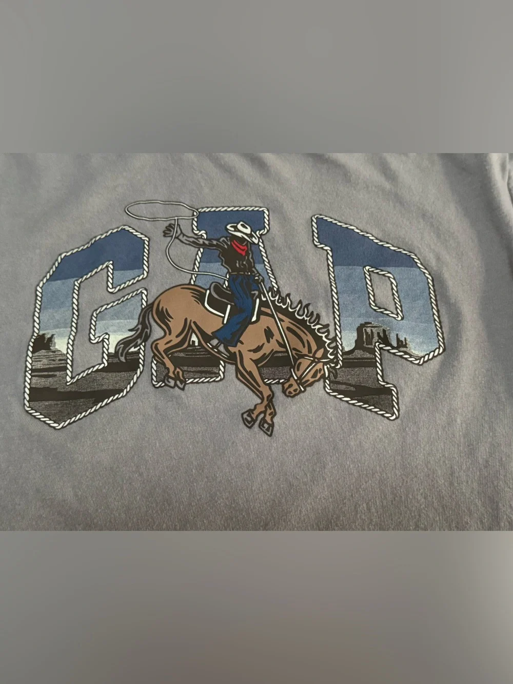 GAP Grey Long Sleeve Tee with Cowboy Rodeo Graphic. EUC
